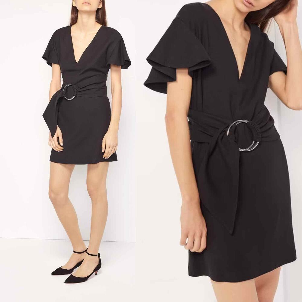 Ba&sh Malda V-Neck Belted Mini Dress Black Sz 0